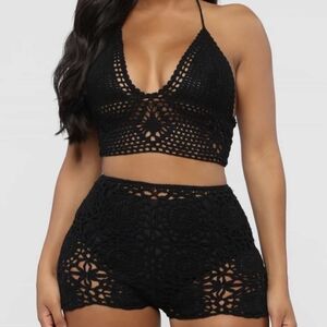 Fashion Nova 2 Piece Set Summer Black Crochet Swim suit cover up (S)